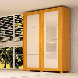 Guarda Roupa Solteiro com Espelho 2 Portas de Correr Helena ACP MÓVEIS Nature/Off White - 100% MDF - 2 Guarda Roupa Solteiro com Espelho 2 Portas de Correr Helena ACP MÓVEIS Nature/Off White - 100% MDF - 2