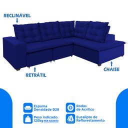 Sofá de Canto Montreal Retrátil, Reclinável, 4 Lugares 2,70x2,10 Metros, Chaise Fixo, Pillow Top, Az - 3 Sofá de Canto Montreal Retrátil, Reclinável, 4 Lugares 2,70x2,10 Metros, Chaise Fixo, Pillow Top, Az - 3