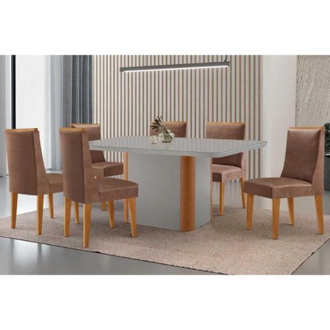 Sala Jantar Mesa Pietá Tampo c/ Vidro Curvo 180cm+6 Cadeiras Dakota Naturale/Off White - Corano