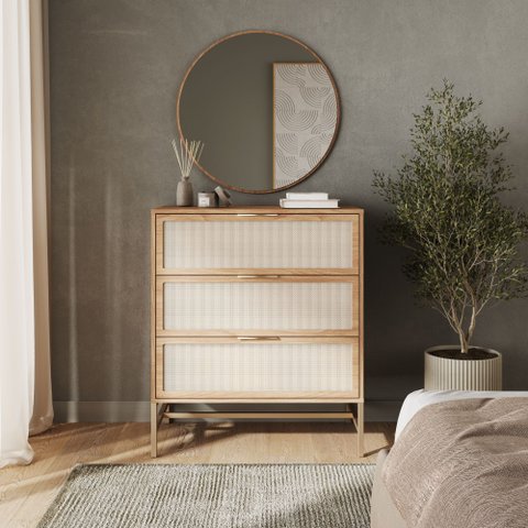 Cômoda Square para Quarto 3 Gavetas 100% MDF Pés de Metal 80cm Telinha Rattan Tauari  Casavee