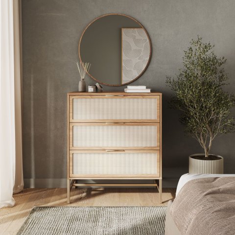 Cômoda Square para Quarto 3 Gavetas 100% MDF Pés de Metal 80cm Telinha Rattan Tauari  Casavee