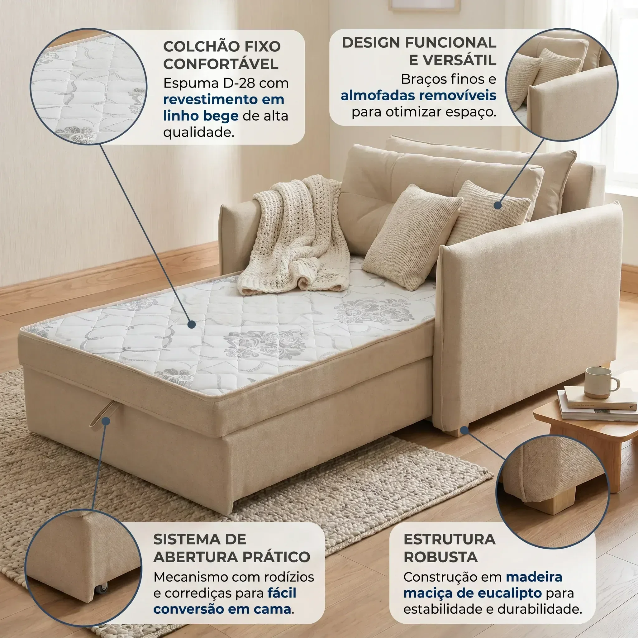 Ver imagem 5 de Sofá Cama Solteiro Montreal com Colchão Fixo em Linho Bege