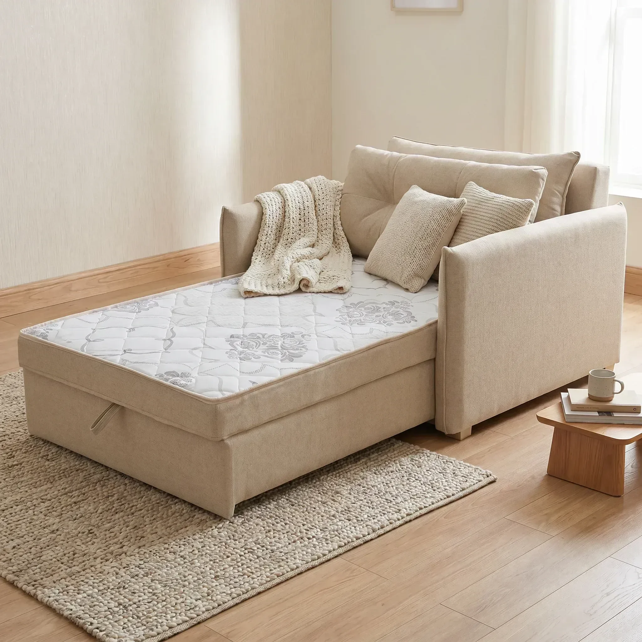 Sofá Cama Solteiro Montreal com Colchão Fixo em Linho Bege