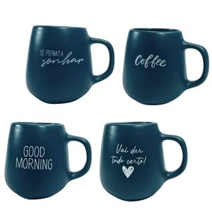 Jogo 4 Caneca Bojuda 260ml Porcelana Fosca para Cappuccino - Verde Cobalto
