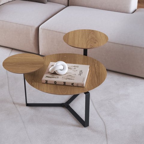 Mesa de Centro Orgânica Três Tampos Chanfrada 83cm Pé Metal Móvel na Caixa
