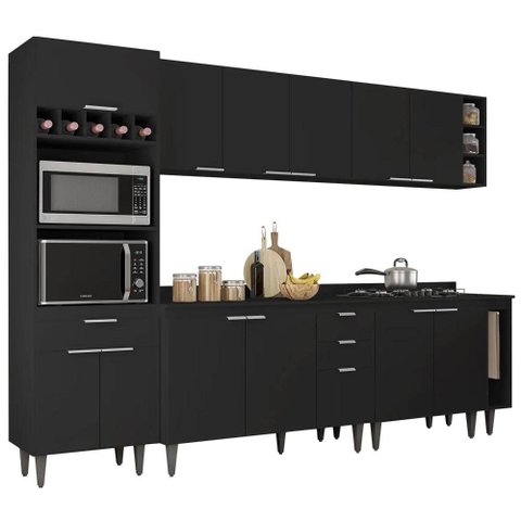 Armário de Cozinha com Tampo CP07 280cm Pérola Preto Z34 - Mpozenato