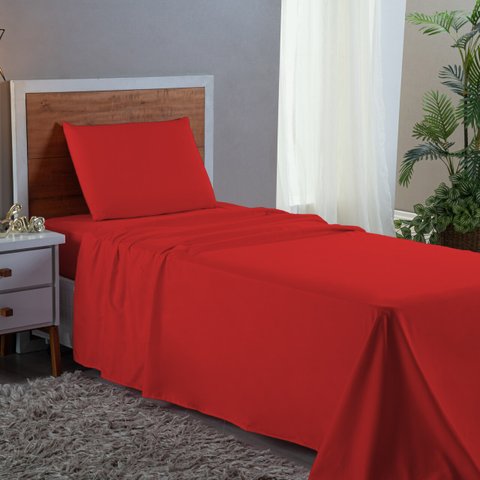 Kit Lençol de Solteiro 400 Fios Poliéster 3 Peças Conjunto com Elástico e Fronha:vermelho