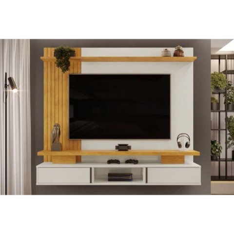 Painel Home P/tv até 65 Polegadas Leoni Ripado C/ Prateleira e Nichos 180x162cm Bali/cedro - Dj Mó