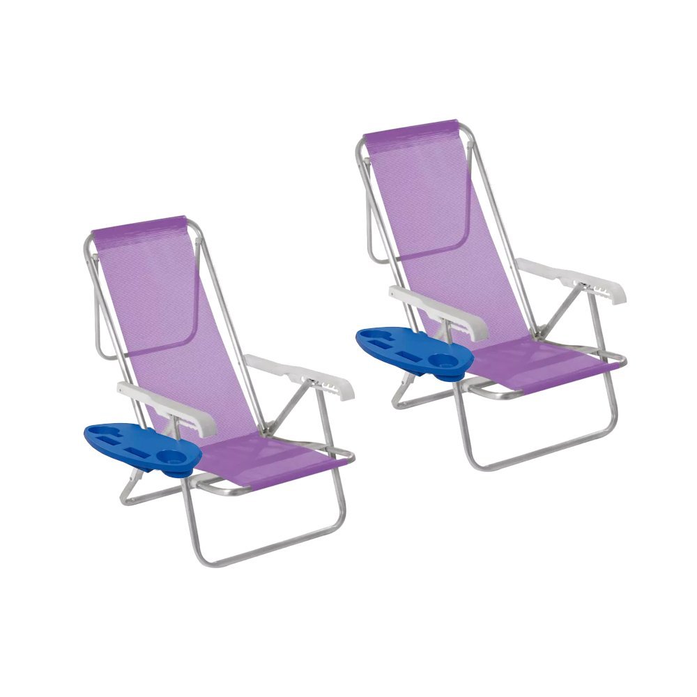 Kit 2 Cadeira Praia 8 Pos. Aluminio + 2 Mesa P/ Cadeira Mor cor:lilás - 1