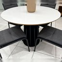 Ver imagem 4 de Mesa Jantar Redonda MDF 4 Lugares 105cm com Cadeiras Estofadas Linho Off White com Preto e Grafite