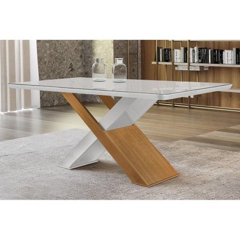 Mesa de Sala Jantar Imperatriz + Tampo Madeirado Vidro Curvo 180x90cm Off White/Imbuia-Vidro Off