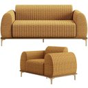 Ver imagem 1 de Kit Sofá 3 Lugares 180cm com Poltrona Molino Base Castanho Pés D'ouro D02 Prime Bouclê Mostarda