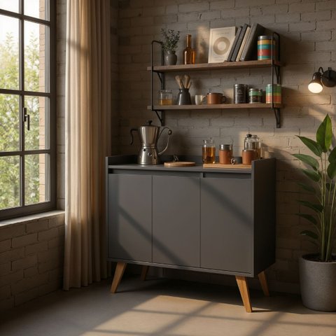Aparador Buffet 90cm Retro MDF Grafite Madri - On Móveis