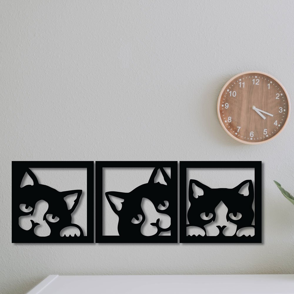 Trio De Quadros Em Mdf 6mm Para Decoração Gatos Fofos - 3