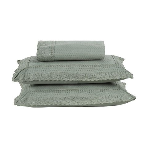 Kit Colcha 3 Peças Queen Percal 300 Fios Bordado Inglês Home Paris - Verde