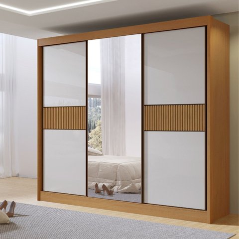 Guarda-Roupa Casal Ripado 3 Portas de Correr com Espelho 100% MDF Cristal Marrom/Cinamomo/Off White