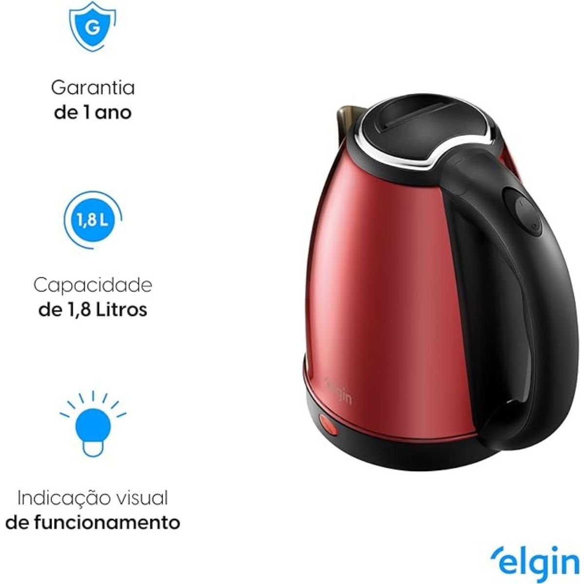 Chaleira Elétrica sem Fio em Inox Vermelha Elgin 1,8l 220v - 7