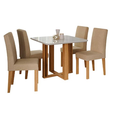 Sala de Jantar Mesa Flora Quadrada TP com Vidro com 4 Cadeiras Maia Nature/Off White/Gengibre Cimol