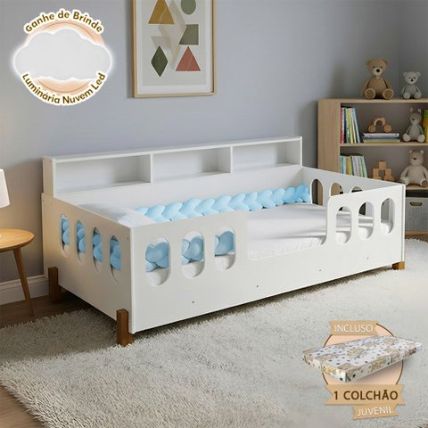 Cama Infantil em MDF Nina com Colchão com com Enxoval Completo Trança Azul com Nuvem LED