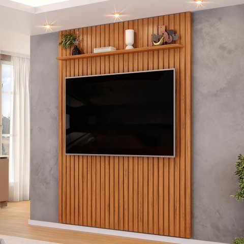 Painel Ripado para TV 65 pol Sala Quarto 183x240cm Lexa D05 Freijó - Lyam Decor