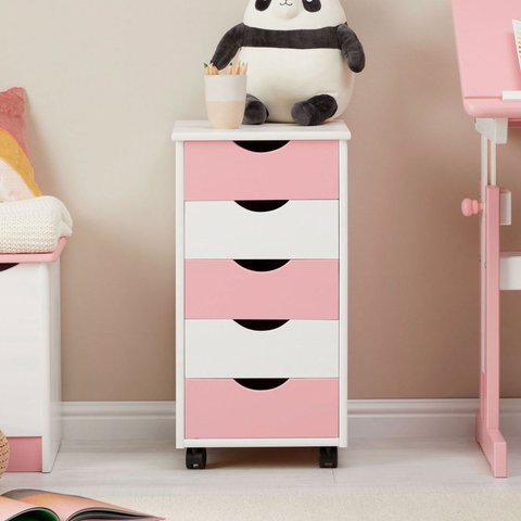 Gaveteiro Escritório Madeira Maciça 5 Gavetas Rodízios Lagos Branco Rosa Idimex