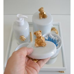 Kit Higiene Porcelana Bebê Banho Cuidado Quarto K014 Ursa - Dourado - 2