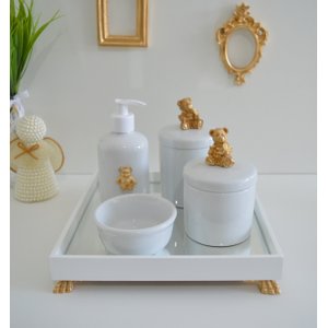 Kit Higiene Porcelana Bebê Banho Cuidado Quarto K014 Ursa - Dourado