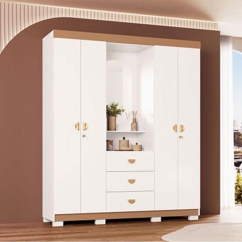 Guarda Roupa Roupeiro Capelinha Aurora 4 Portas 3 Gavetas c/ Espelho Oval Branco Camarim Vila Rica