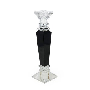 Castiçal de Vidro Preto e Cristal Médio Design Geo. 32cm