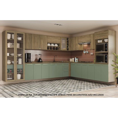 Armário de Cozinha Modulada Completa de Canto 18 Peças 3,79x2,88m Botanic Kappesberg