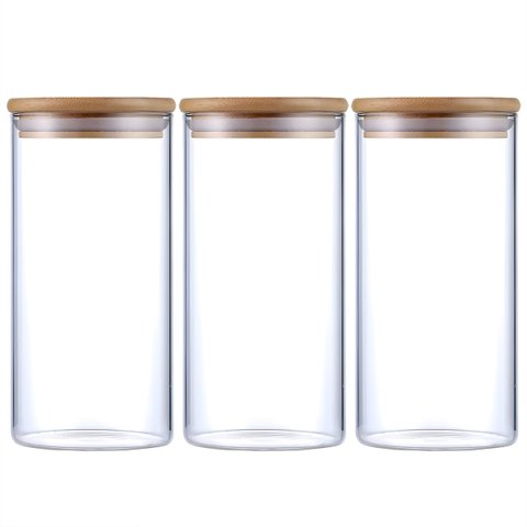 Kit 3 Potes Herméticos Vidro Tampa Bambu 20 X 10 Cm 1400ml