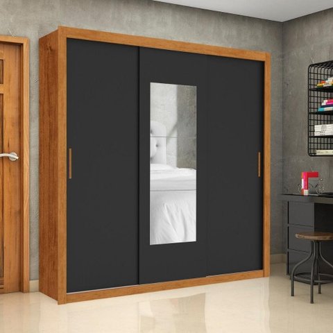 Guarda-Roupa Casal com Espelhos 3 Portas e 4 Gavetas 186cm Multimóveis CR35572 Madeirado/Preto