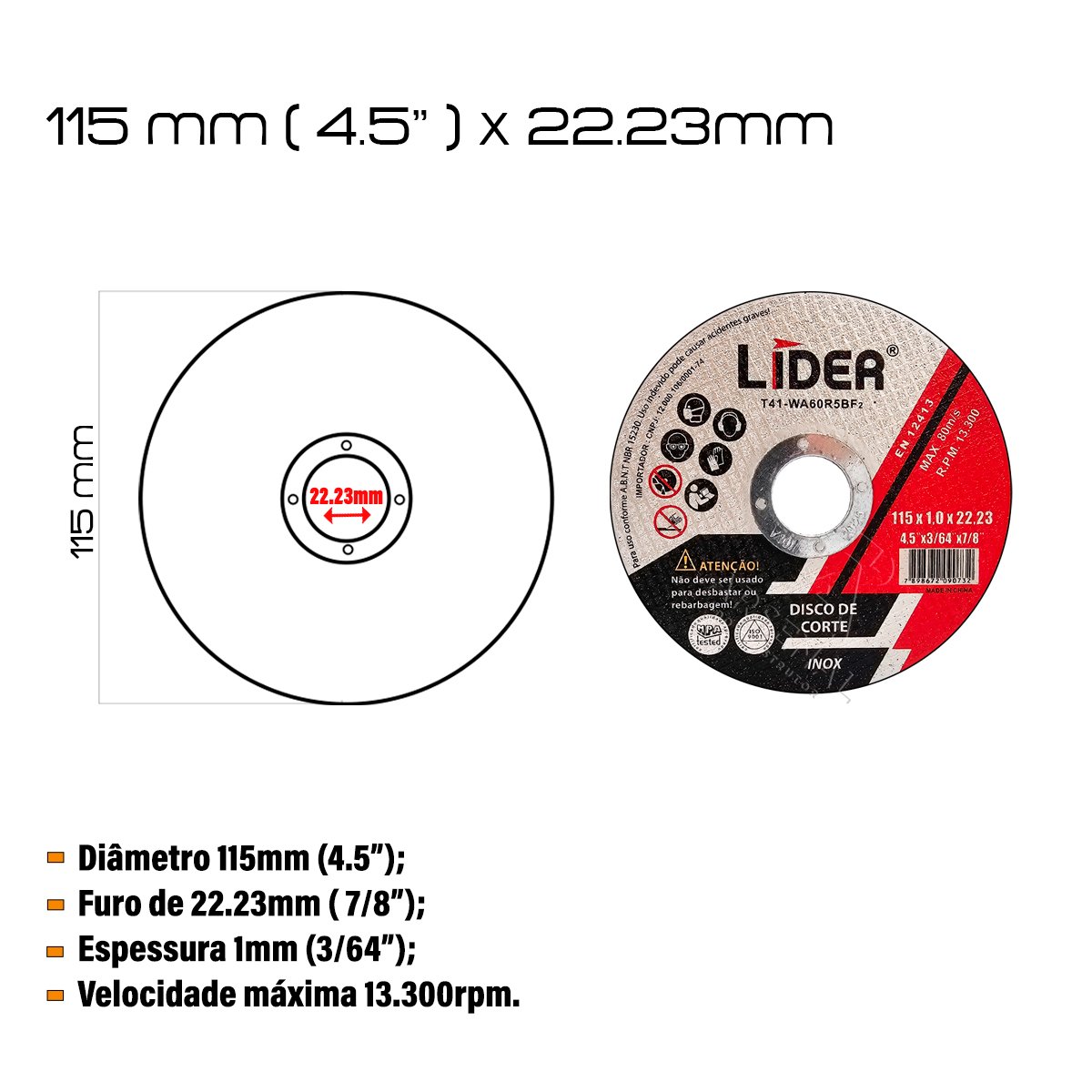 Kit 100 Discos de Corte Fino 1mm Lider 115x22mm 4 1/2 - 2