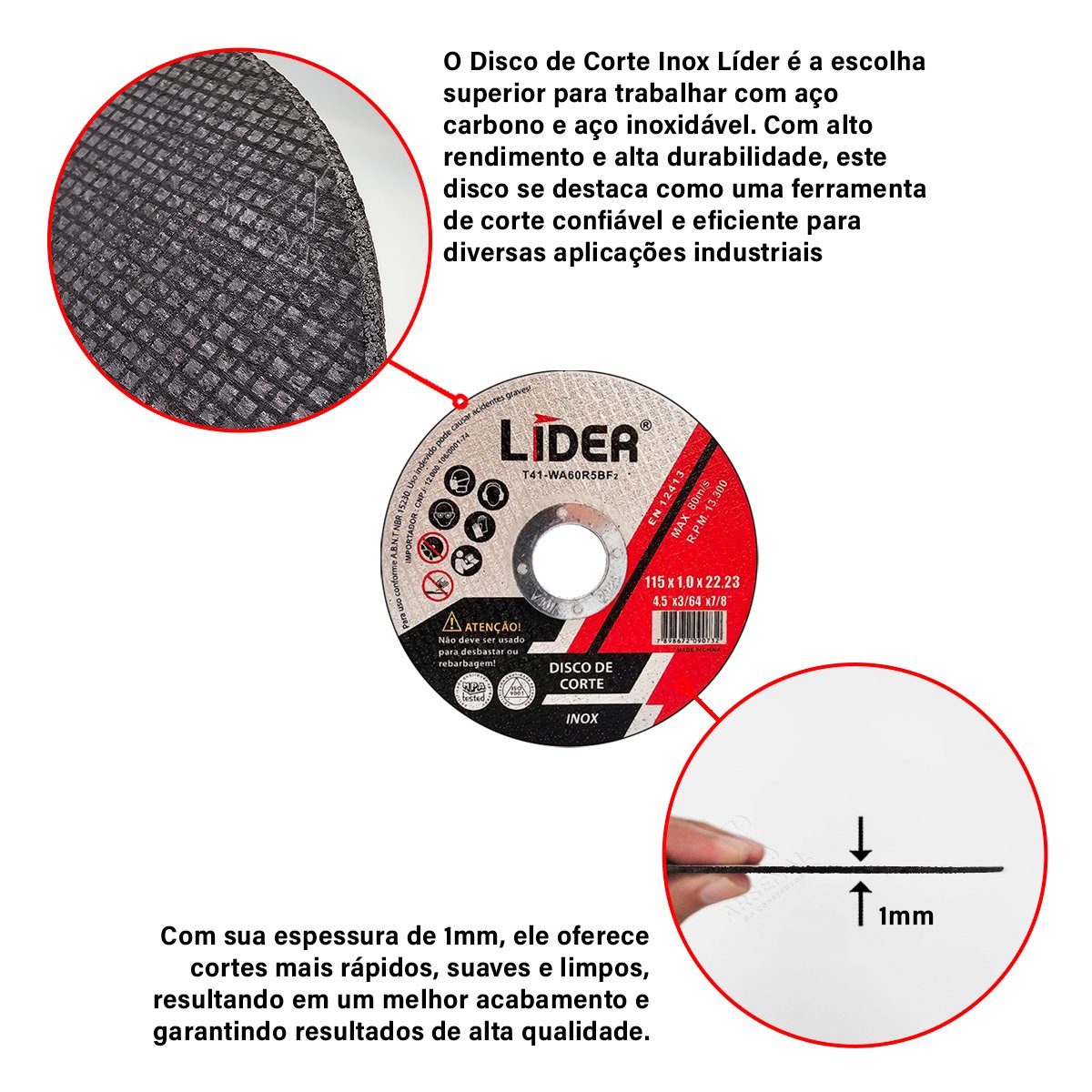 Kit 100 Discos de Corte Fino 1mm Lider 115x22mm 4 1/2 - 4