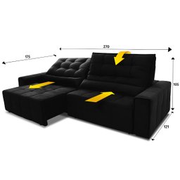 Sofá Retrátil/Reclinável Alaska 2,70m Suede Velut Preto c/ Molas no Assento - King House - 3