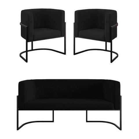 Kit Sofá 2 Lugares + 2 Poltronas para Recepção Balaqui Preto