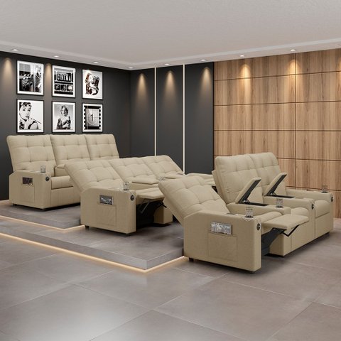 Poltrona do Papai Reclinável Sala de Cinema Movie 3 Lugares Manual Baú USB Linho Bege Gran Belo Movi