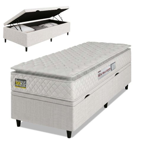 Cama Box Baú Solteiro Colchão Espuma D33 Pillow Top New Millenium Branco Hellen