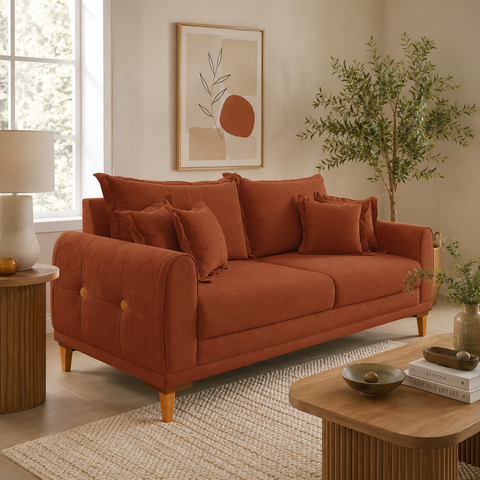 Sofá Living 3 Lugares Bouclê Terracota 2.20m Pés em Madeira Bz Home Decor