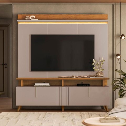 Conjunto Painel com Prateleira e Rack 2 Portas e Pés Palito