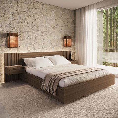 Cama Queen/casal com Cabeceira Ripada e Mesas de Cabeceira Seringal c/ Led Cabecasa Madeiraoriginals