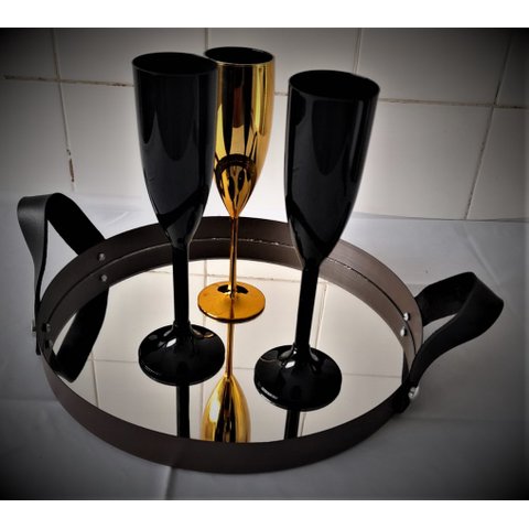 Bandeja Adnet Decorativa Redonda 300x3Mm Marrom C Alça Preta