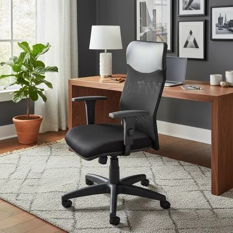 Cadeira de Escritório Diretor Tela, Base Giratória com Relax, Braços Reguláveis, Tecido na Cor Preto