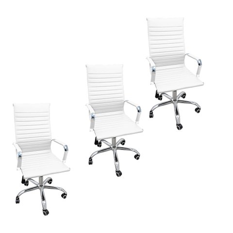 Kit 3 Cadeiras Eames Esteirinha Presidente Escritório Boston Eames Alta - Branca Branco