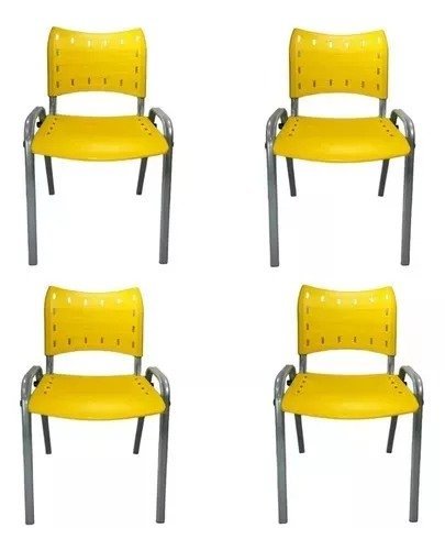 Kit Com 4 Cadeiras Iso Para Escola Escritório Comércio Amarela Base Prata - 1