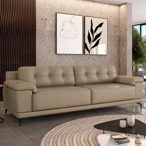 Sofá Living 4 lugares 272cm Agostino Pés Design em Ferro Couro Bege G52 - Gran Belo