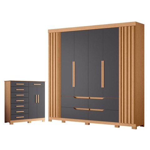 Guarda Roupa Casal Doble 06 Portas e Cômoda Verona 08 Gavetas Freijo Titanium - Móveis Albatroz