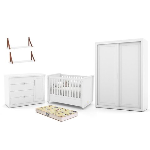 Dormitório Tutto New 2 Portas, Cômoda 1 Porta, Berço Branco Soft com Colchão D18 e Prateleiras - Mat