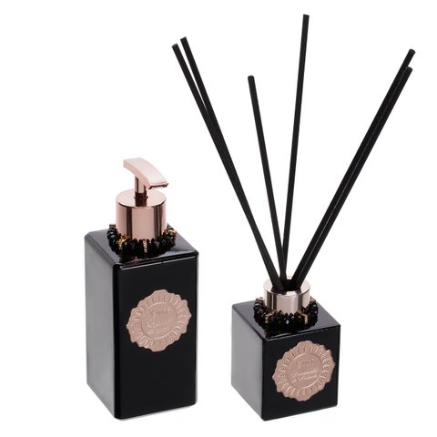 Kit Lavabo 2 produtos vidros pretos enfeites rosé gold - Fragrância: Ouro Imperial Tânia