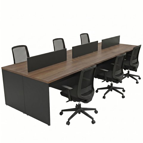 Conjunto Estação de Trabalho 6 Lugares com 6 Cadeiras de Escritório Ergonômicas - Nogal/Preto